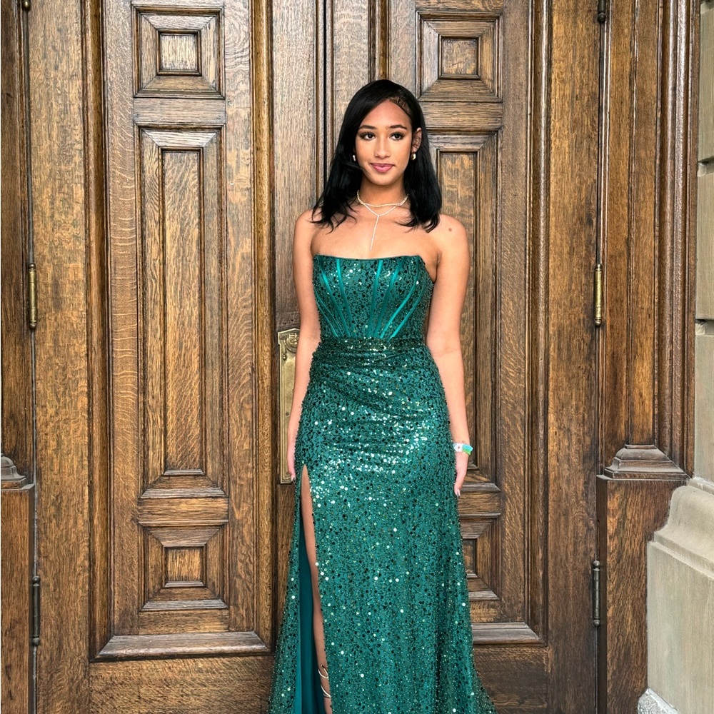 Emerald Green Strapless Sequin Gown